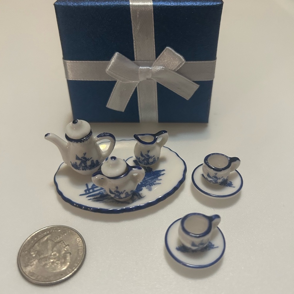 Mini Micro Cute tea set tiny 10 piece Blue China child’s toy